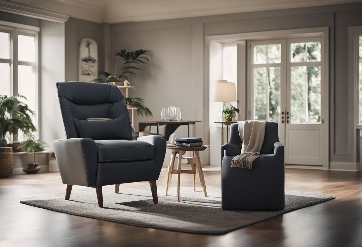 A chair positioned in a living room with arms extended, supporting the weight of an invisible person performing tricep dips