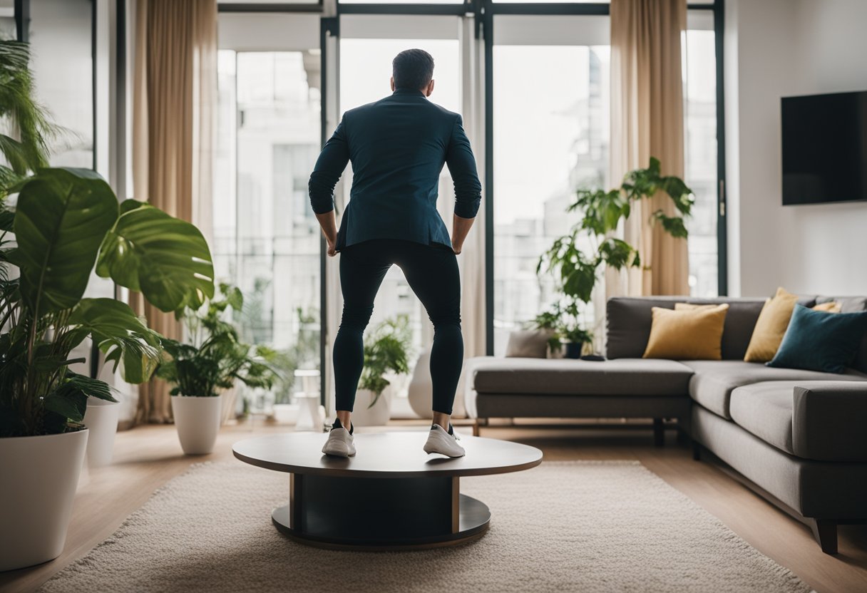 A person performing high knees in a living room with a sofa, TV, and indoor plants in the background