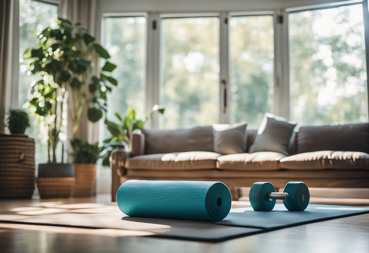 A cozy living room with a yoga mat, dumbbells, resistance bands, and a water bottle. Sunlight streams in through the window, creating a warm and inviting space for quick workouts