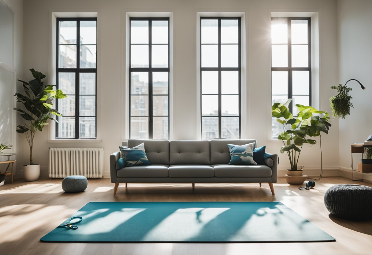 A bright and airy living room with a yoga mat, dumbbells, resistance bands, and a jump rope laid out on the floor. A large window lets in natural light, and a motivational quote is framed on the wall