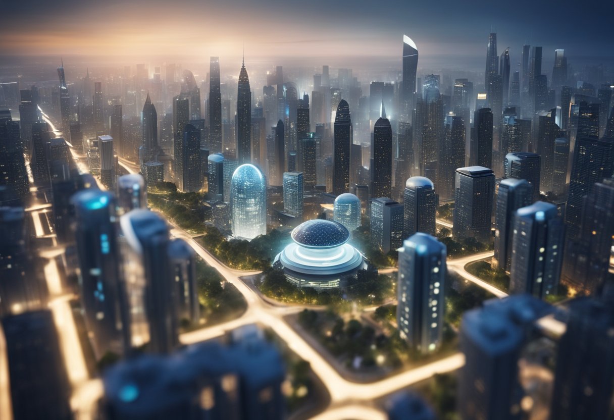 A futuristic cityscape with AI-powered smart buildings seamlessly integrated with real estate infrastructure