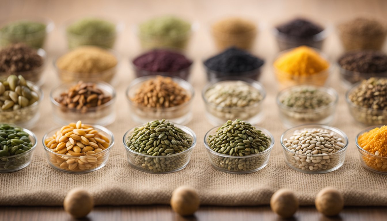 Various seeds on linen, with label, dibber, and thermometer