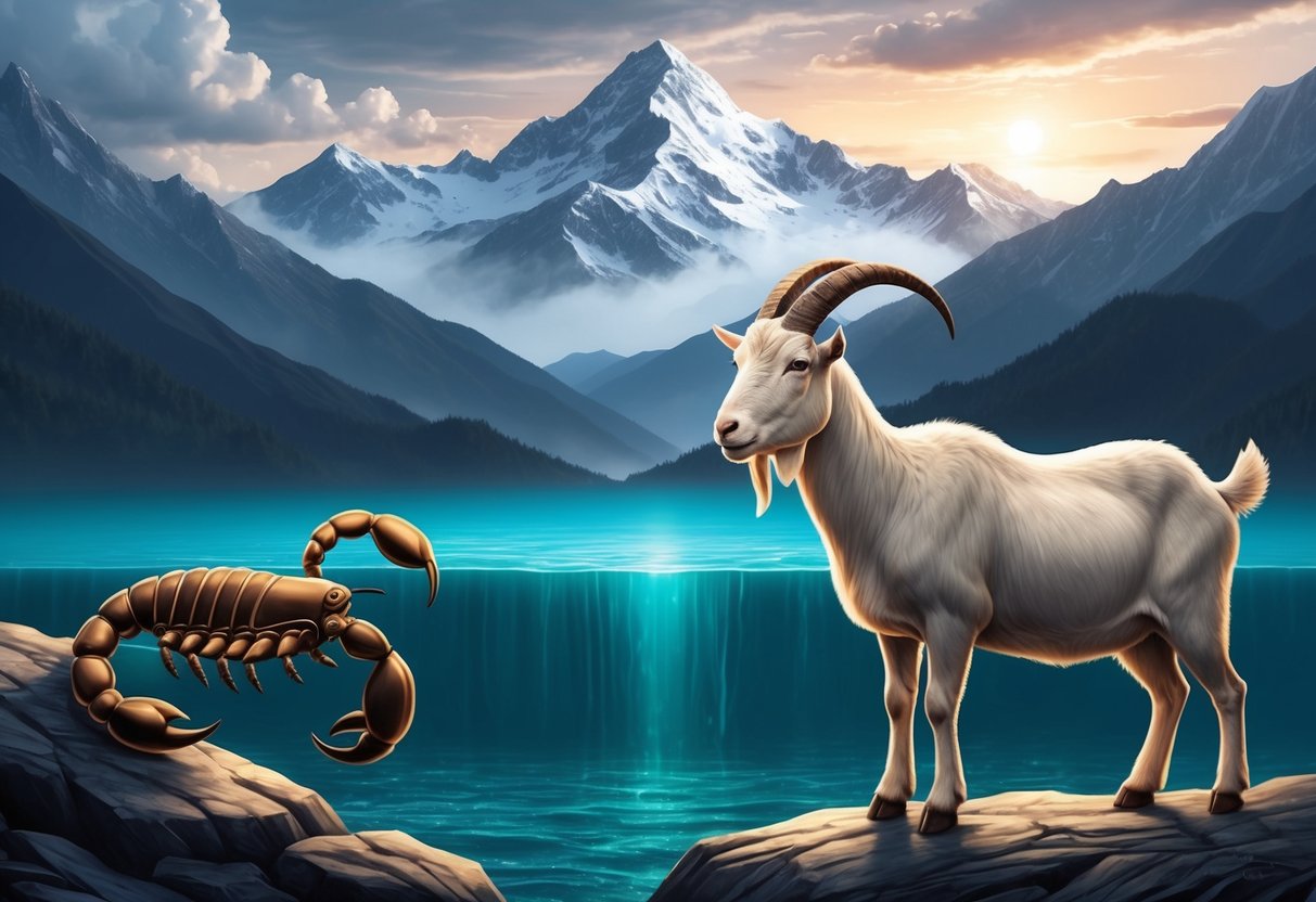 A serene mountain peak overlooks a mysterious, watery abyss, while a stoic scorpion and a determined goat stand side by side, their eyes locked in silent understanding