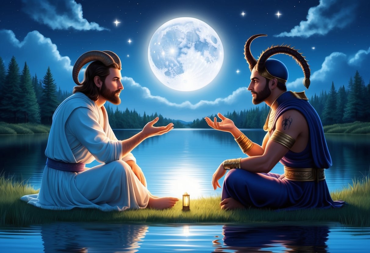 A Capricorn and Scorpio sit by a tranquil lake under the moonlight, sharing a deep and intimate conversation