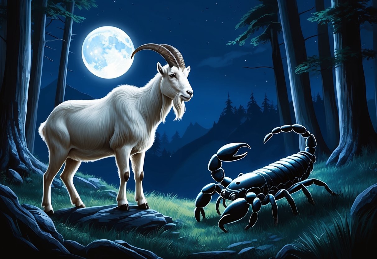 A stoic mountain goat meets a mysterious scorpion in a moonlit forest, their contrasting energies creating an intense yet harmonious atmosphere