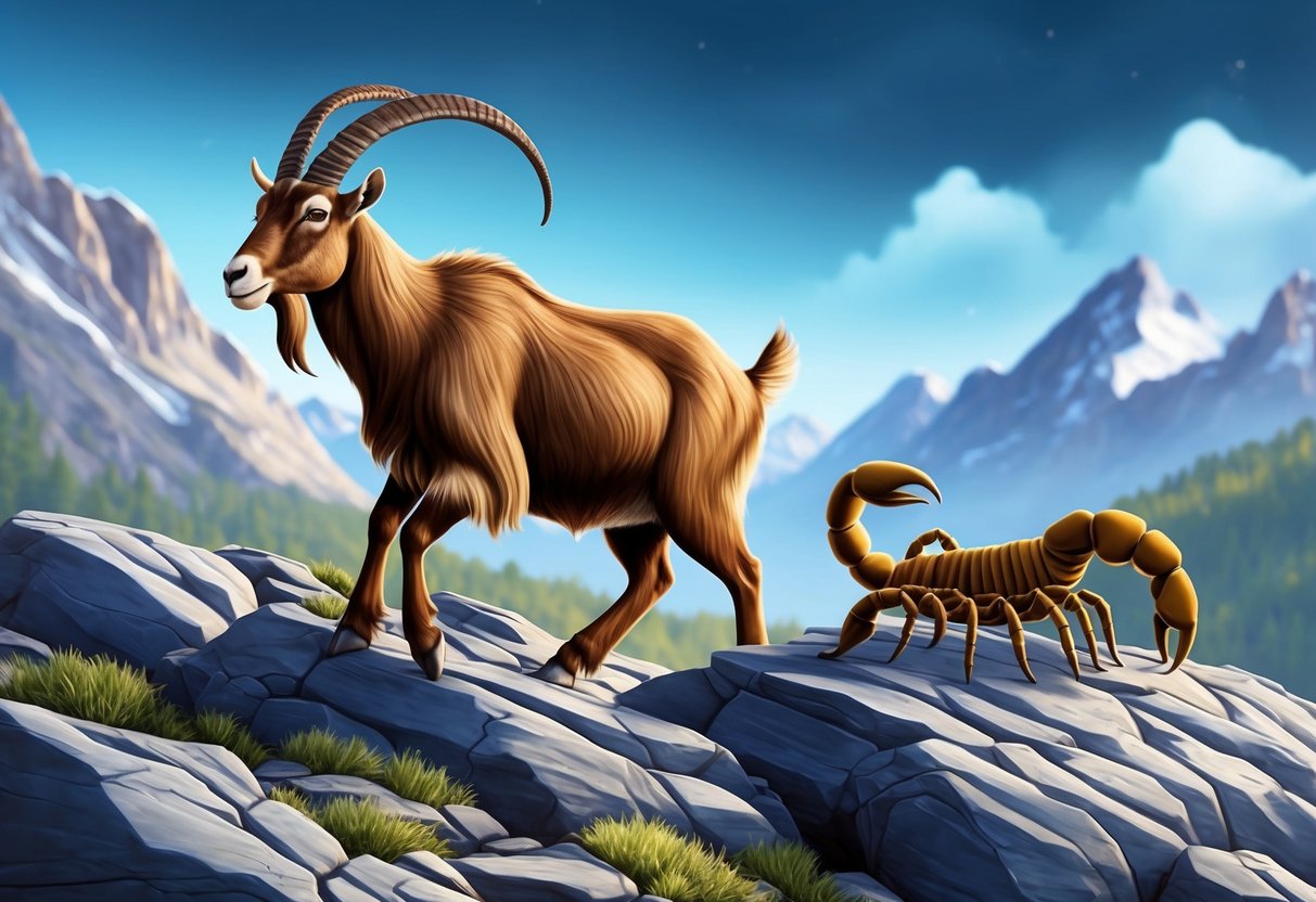 A mountain goat and a scorpion navigating a rocky terrain together, symbolizing the potential for long-term success in the Capricorn and Scorpio compatibility