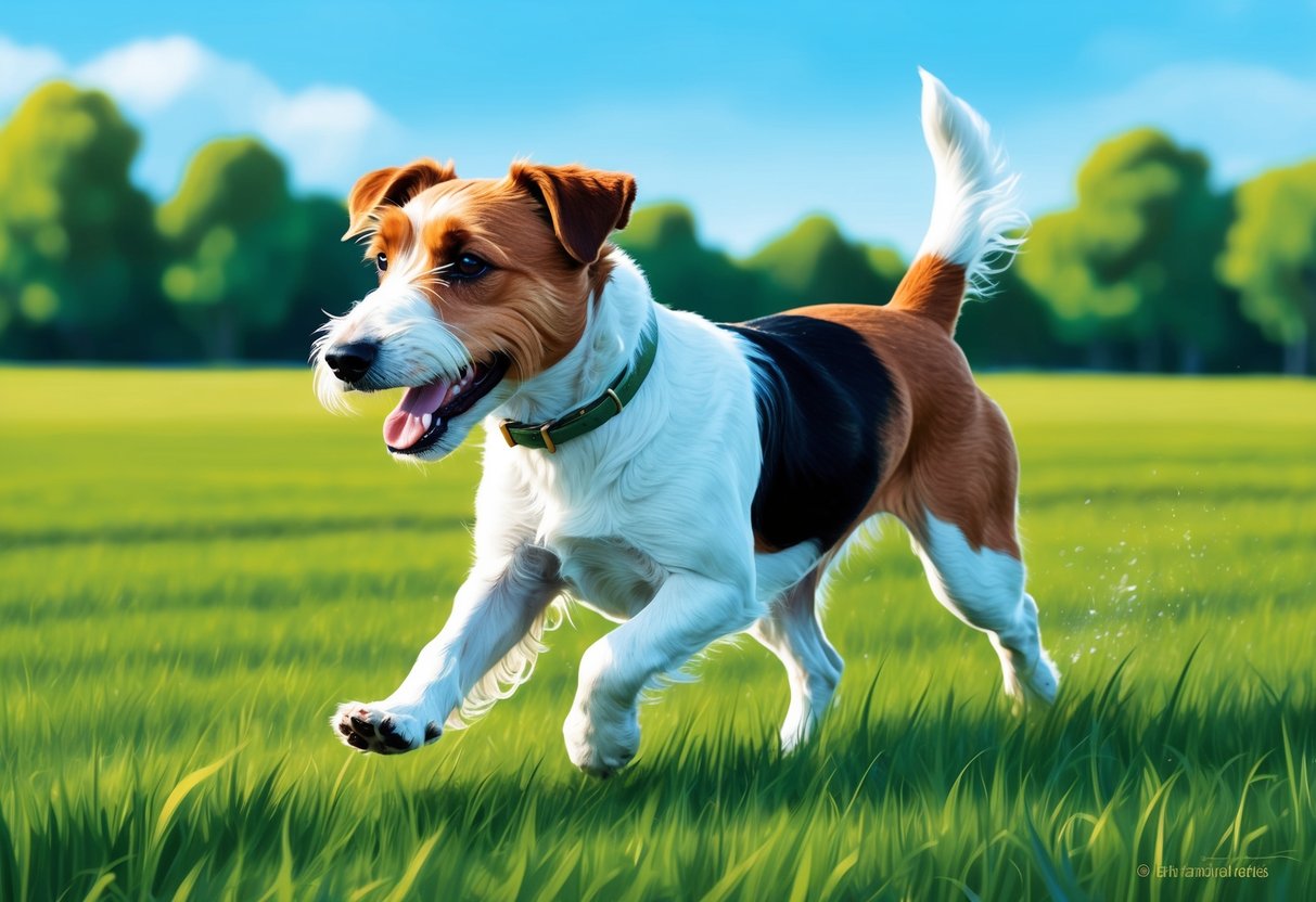 A Lakeland Terrier dog running through a lush green field with a bright blue sky in the background