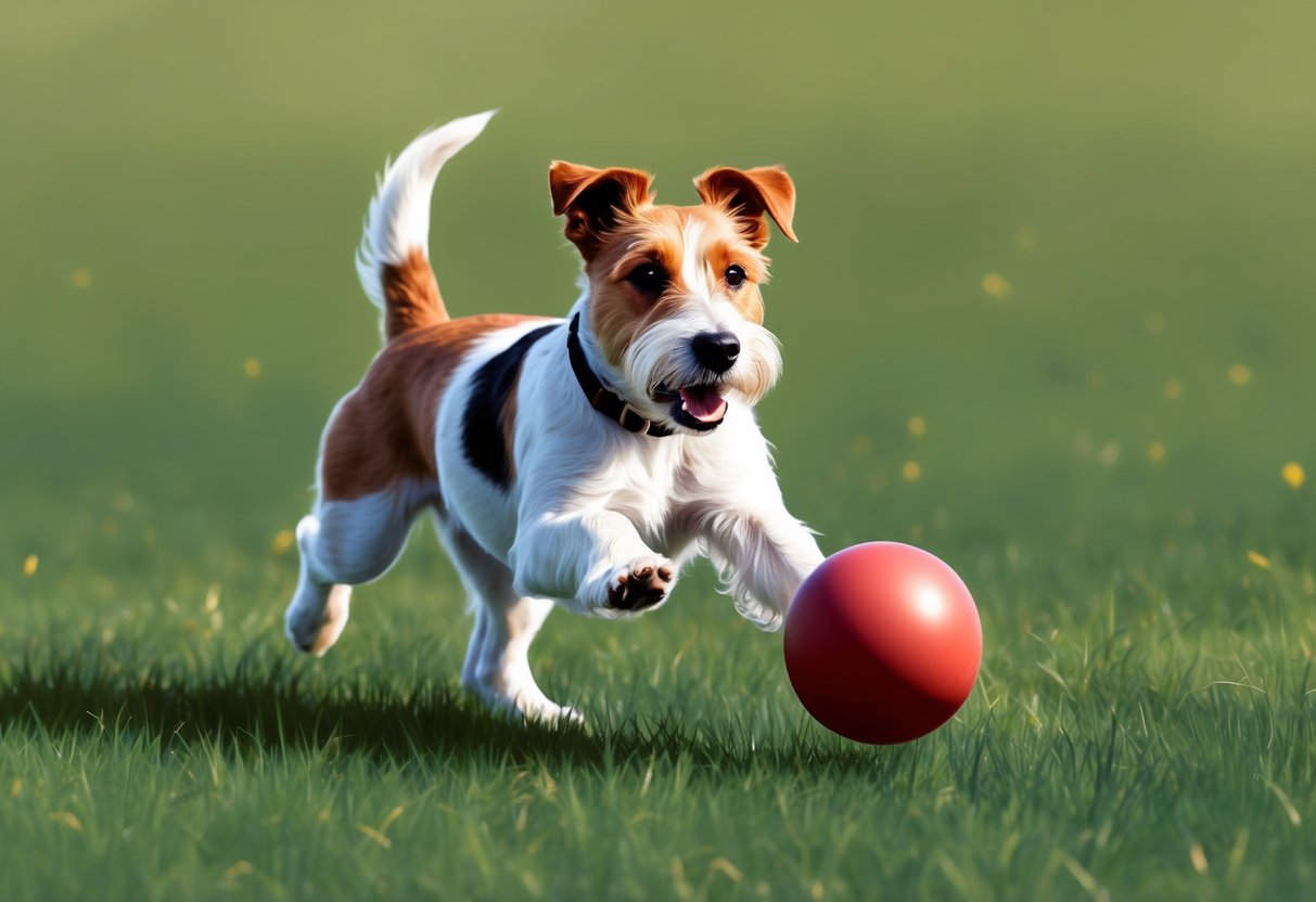 A playful Lakeland Terrier dog chasing a ball in a grassy field