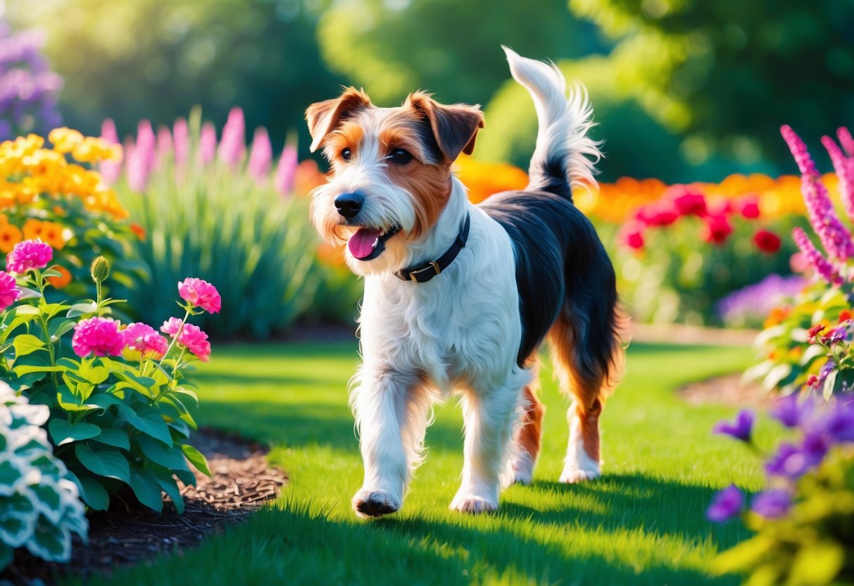 A lively Lakeland Terrier dog walks through a vibrant, blooming garden, exuding vitality and energy