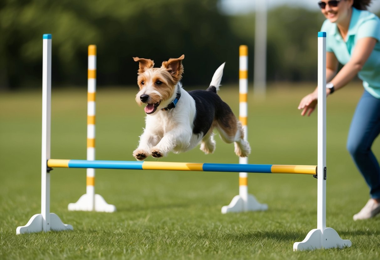 A lively Lakeland Terrier dog runs through an agility course, jumping over hurdles and weaving through poles, with its owner guiding and encouraging it