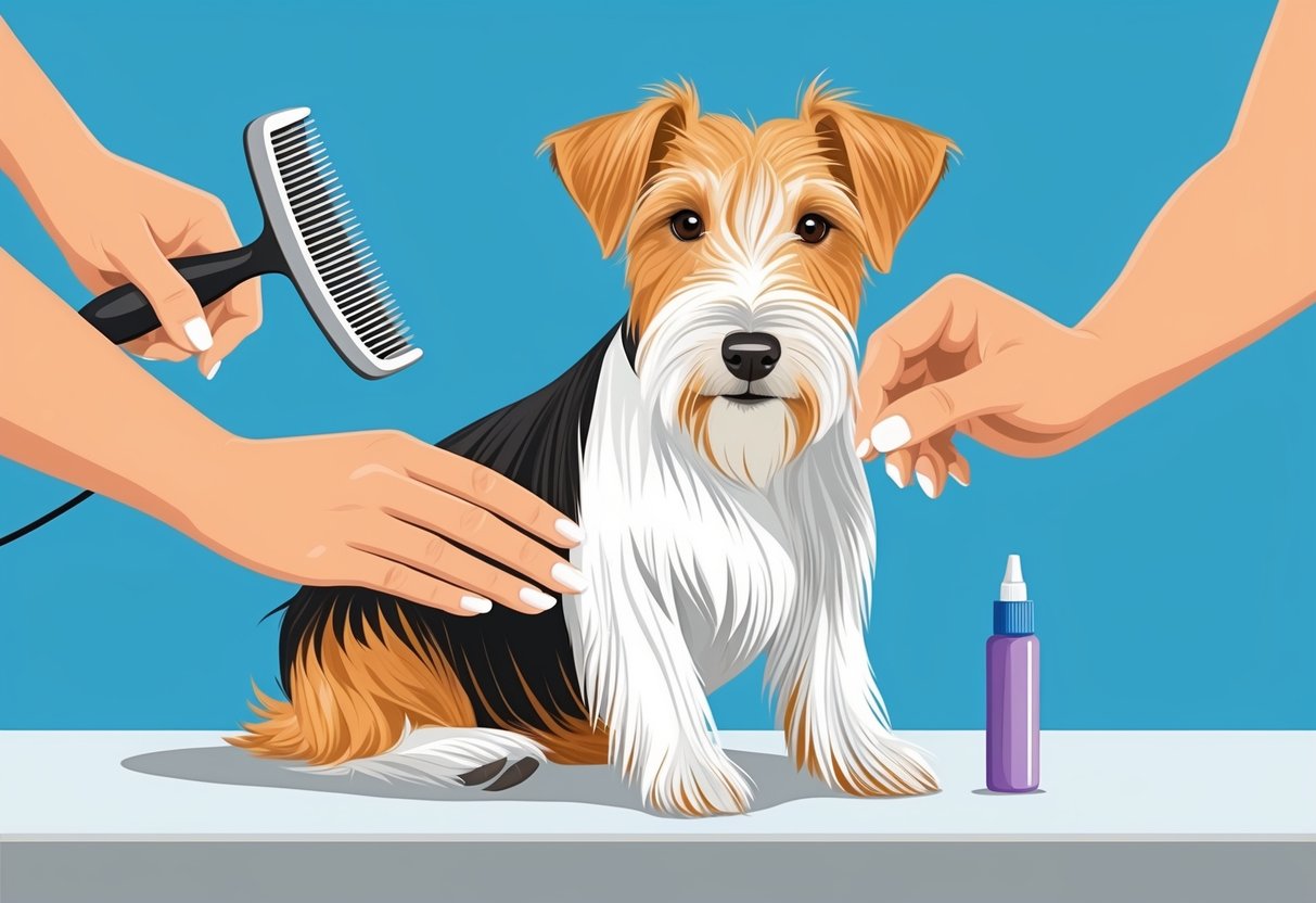 A Lakeland Terrier dog being brushed and groomed with a comb and brush, while its nails are being trimmed