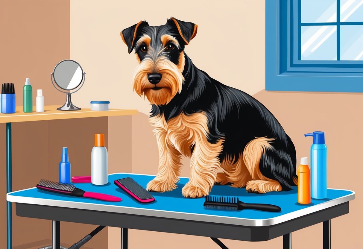 A Lakeland Terrier dog being brushed and groomed on a table with grooming tools and products nearby