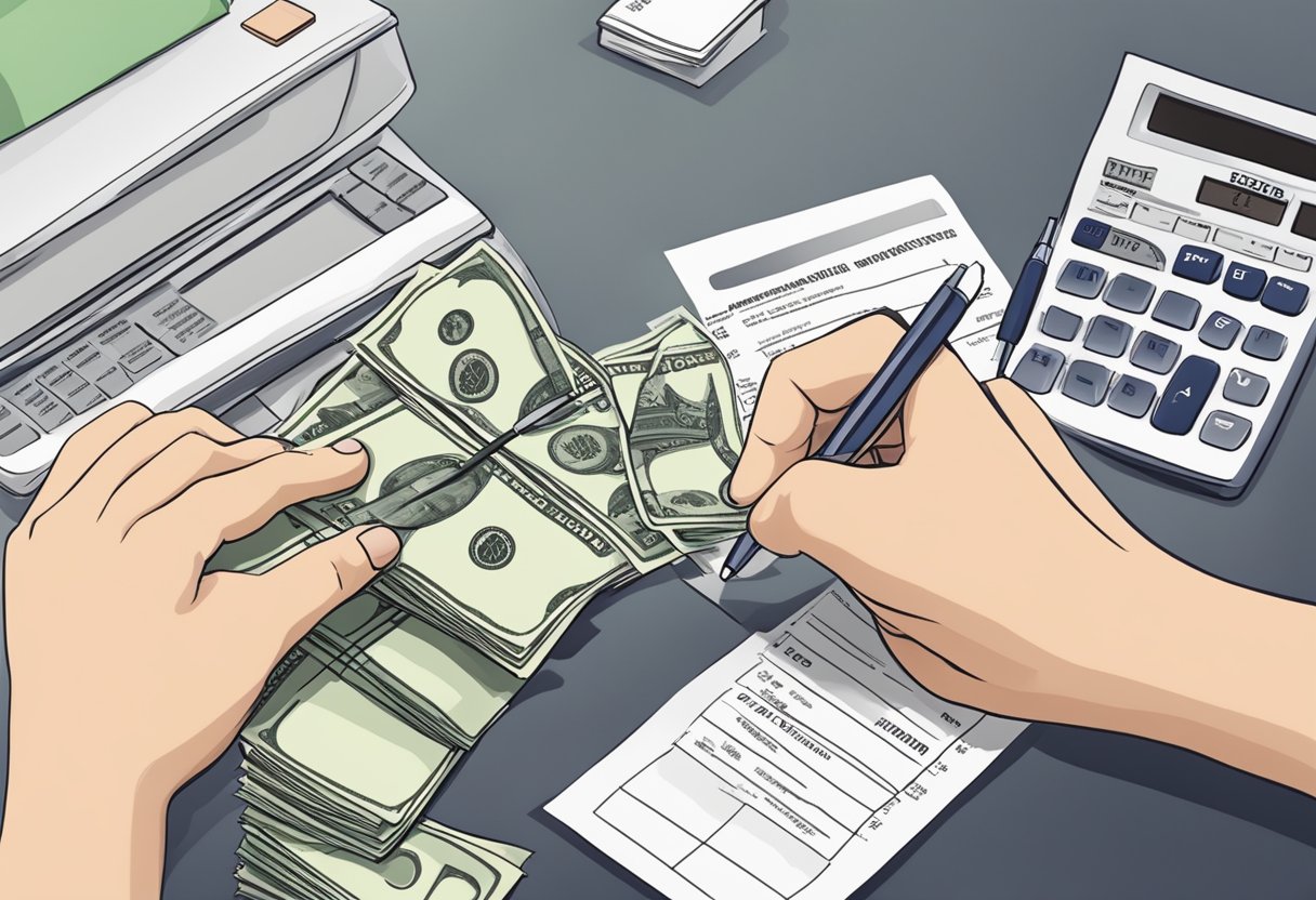 A person withdrawing money from an RDSP, with a tax form and calculator nearby