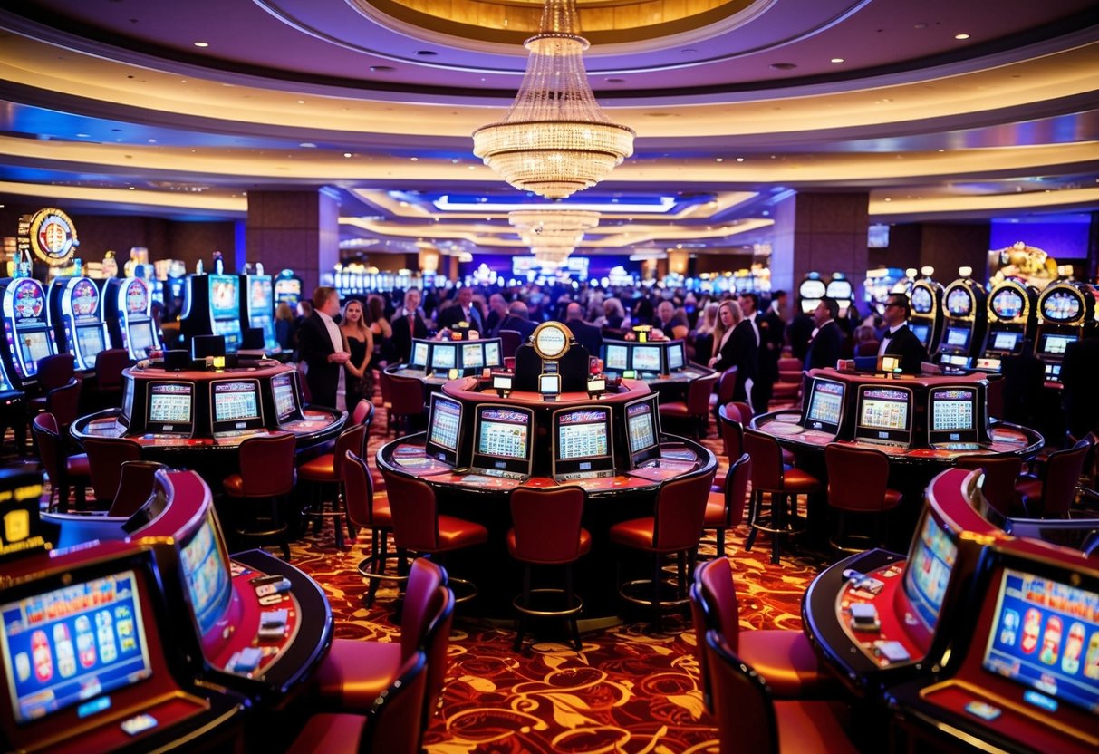 A vibrant casino floor with slot machines, card tables, and roulette wheels, surrounded by a lively crowd of players and dealers