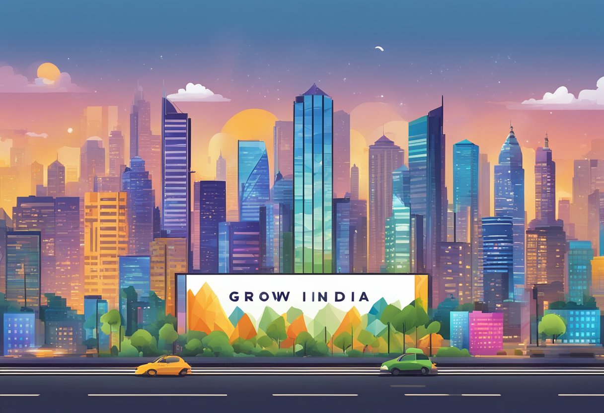 A vibrant, modern city skyline with the words "Grow India Login" prominently displayed on a digital billboard