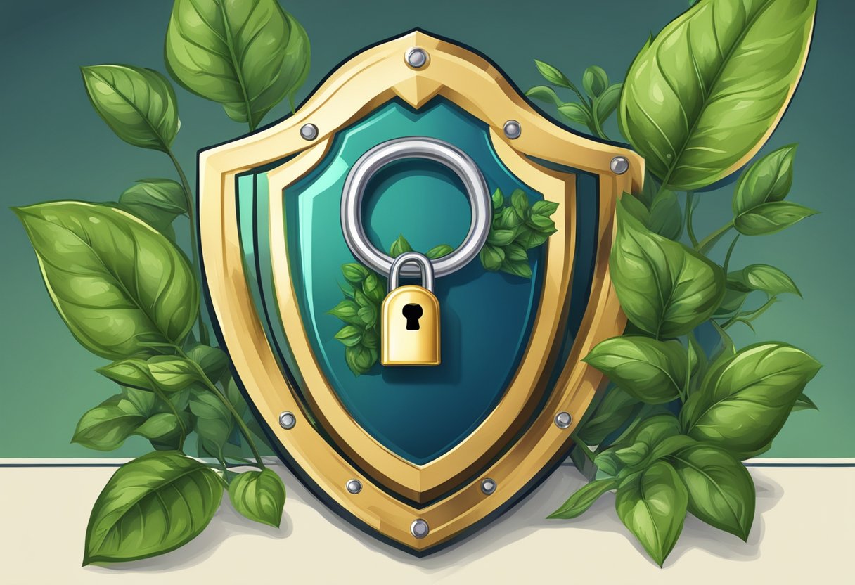 A padlock with a growing plant inside, surrounded by a shield