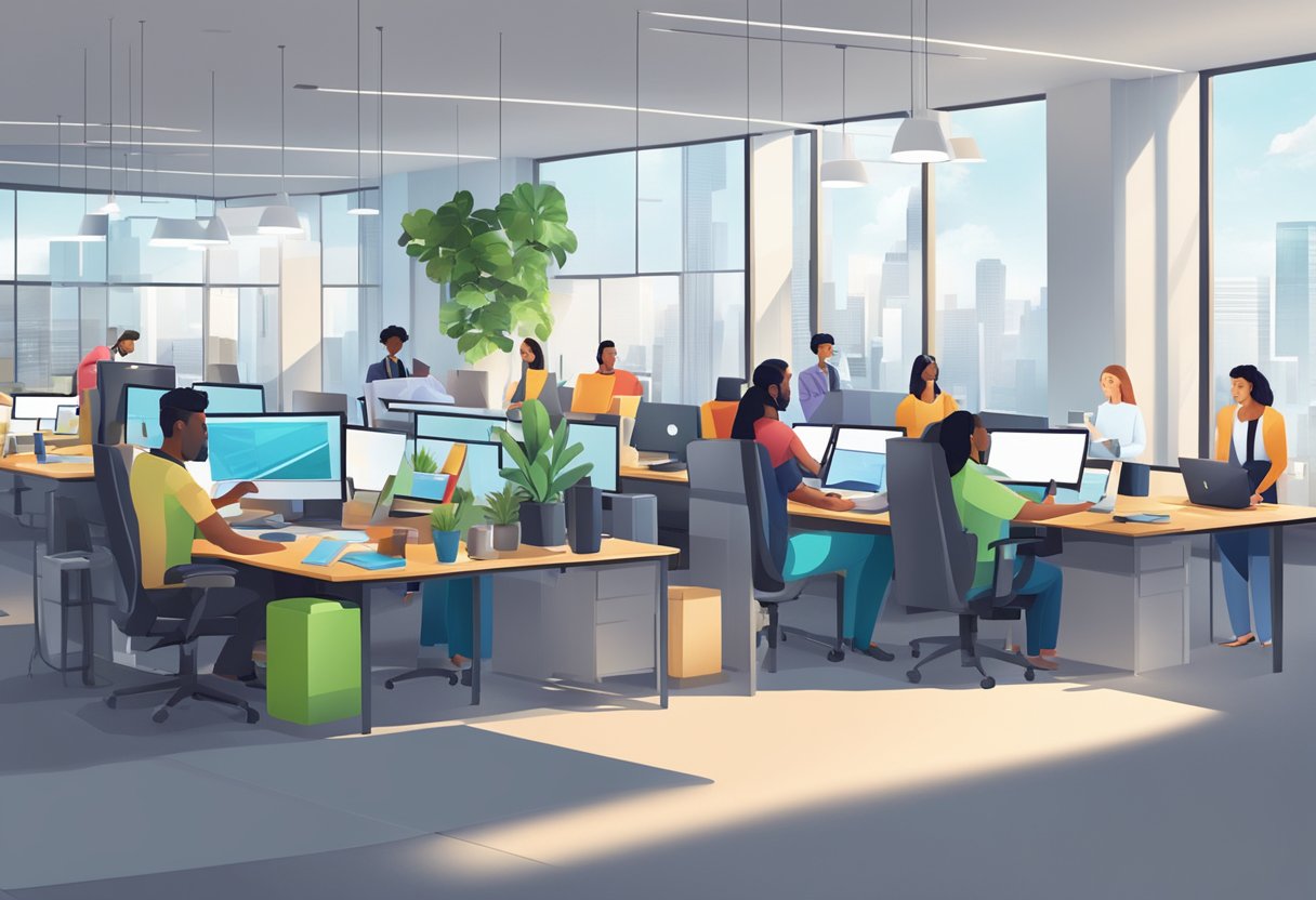 A bustling office with diverse workers collaborating and using technology