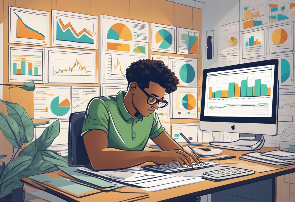 A person researching mutual funds online, surrounded by financial charts and graphs