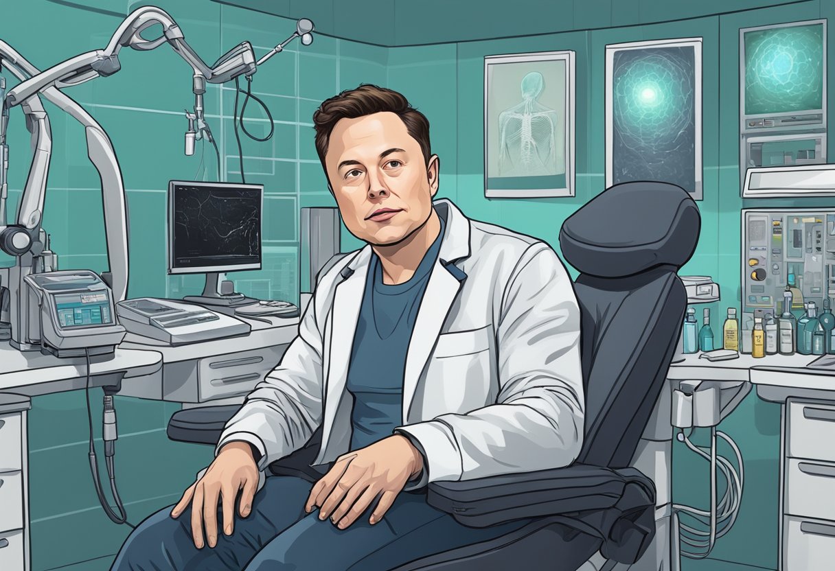 Elon Musk sits in a chair, surrounded by medical equipment. A doctor carefully implants hair follicles onto his scalp