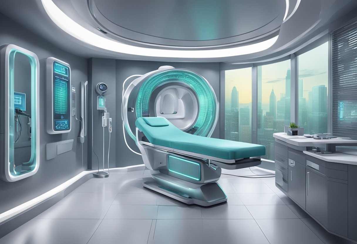 A futuristic hair transplant machine in a sleek, sterile treatment room