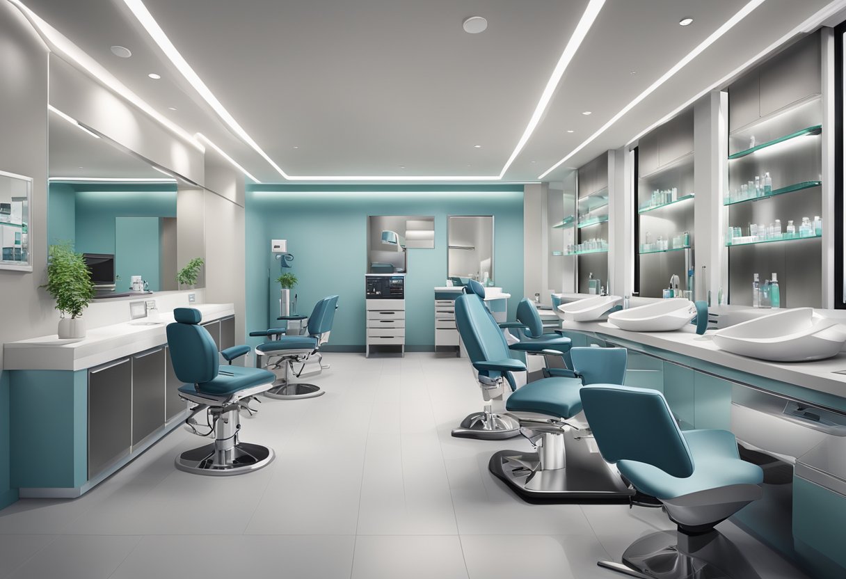 A modern, sleek hair transplant clinic with state-of-the-art equipment and a professional staff