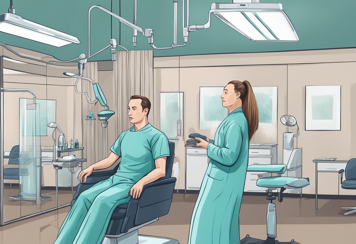 A woman with hair loss receiving PRP treatment while Elon Musk undergoes a hair transplant in a modern clinic