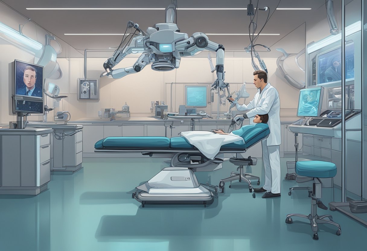 A futuristic lab with robotic arms performing hair implant surgery on a female patient, while a portrait of Elon Musk hangs on the wall