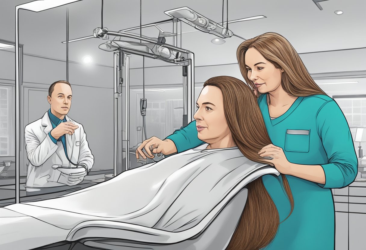 A woman with long, flowing hair undergoes a hair replacement procedure, while Elon Musk's iconic hair transplant is depicted in a separate illustration