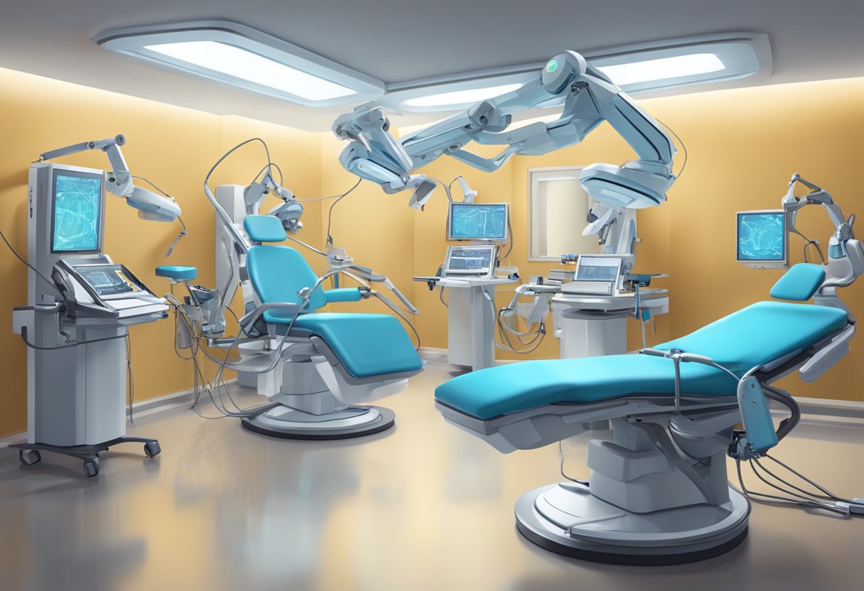 A futuristic operating room with advanced robotic arms performing a hair surgery procedure on a high-tech medical chair