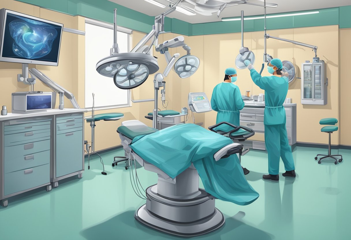 A sterile operating room with surgical equipment and a reclined chair. A surgeon and assistants prepare for hair implant surgery