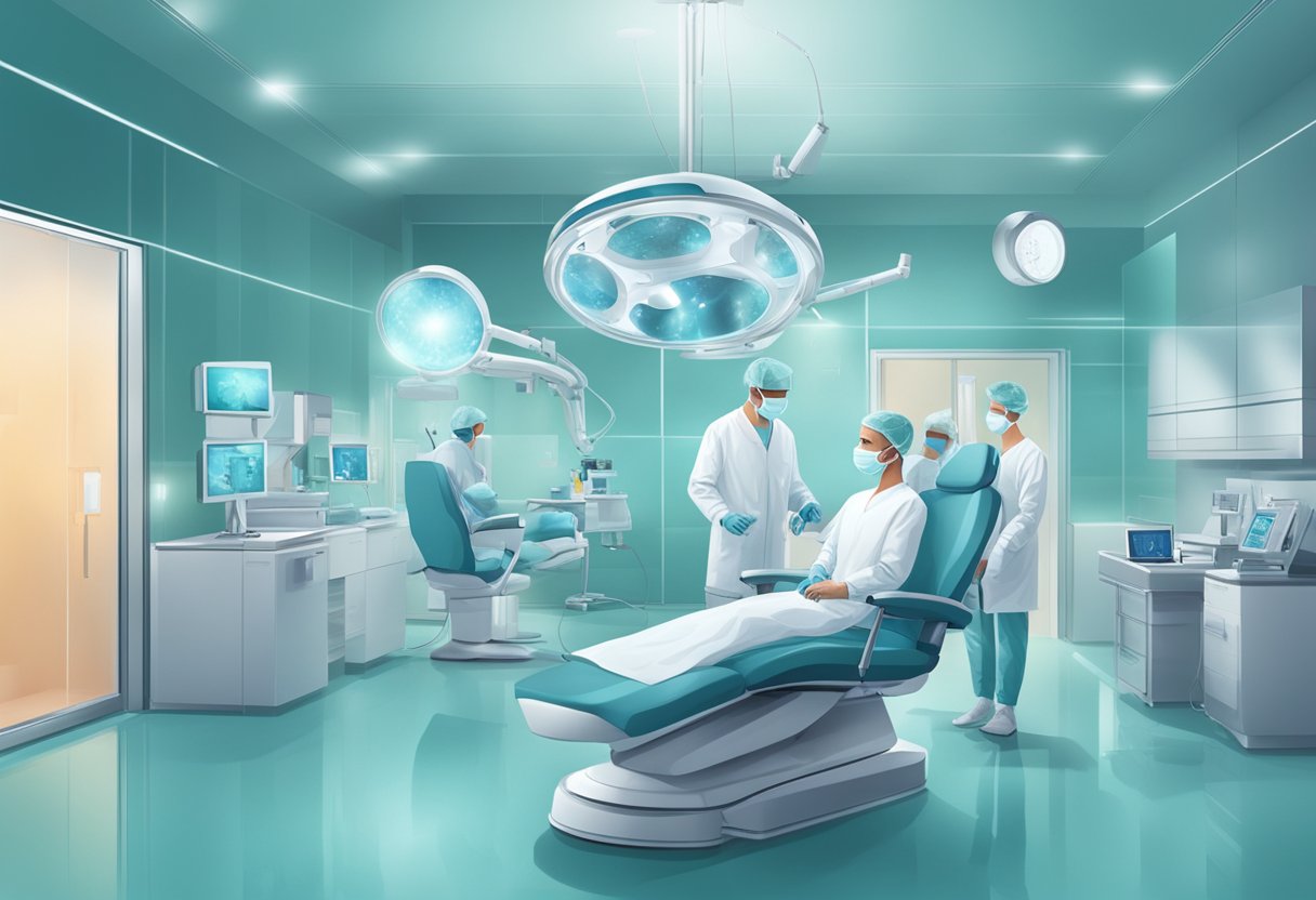 A modern clinic with futuristic equipment and a team of specialists performing a high-tech hair transplant procedure