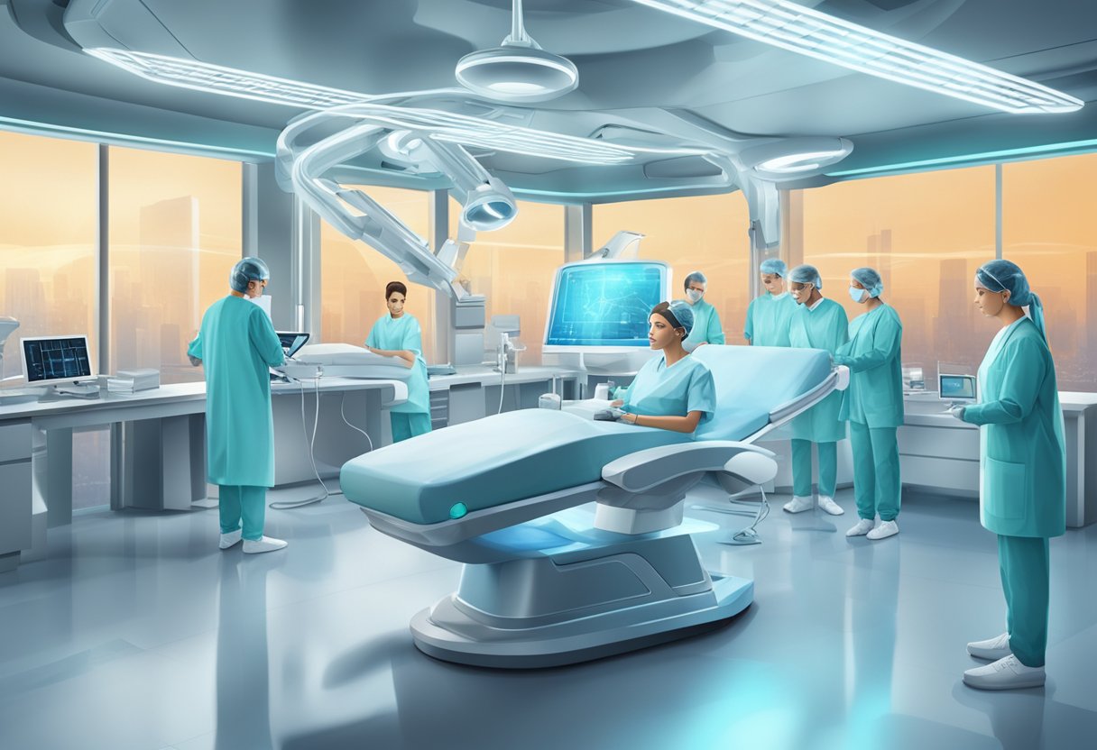 A futuristic medical facility with advanced equipment and a team of specialists performing hair implant procedures on futuristic-looking subjects