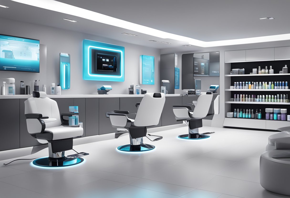 A sleek, modern hair clinic with futuristic technology and a display of Bosley hair products