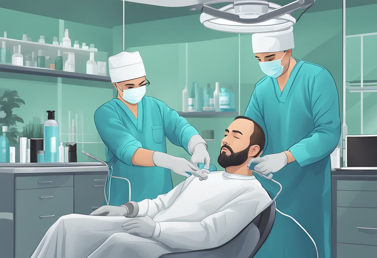 A surgeon carefully extracts healthy hair follicles from the back of a patient's scalp for a hair transplant procedure