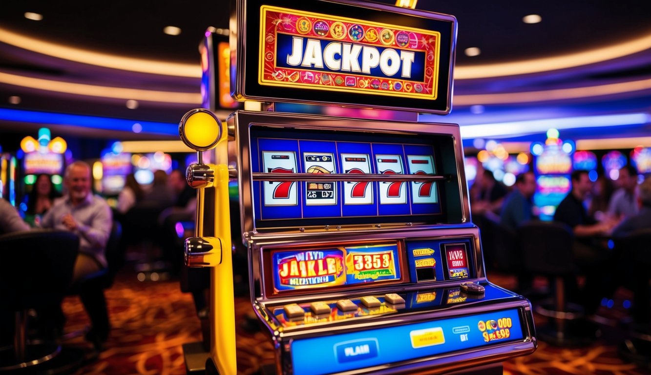 Sebuah mesin slot berwarna-warni yang berkedip dengan tampilan jackpot besar. Area sekitarnya dipenuhi dengan pemain yang bersemangat dan lampu yang terang.