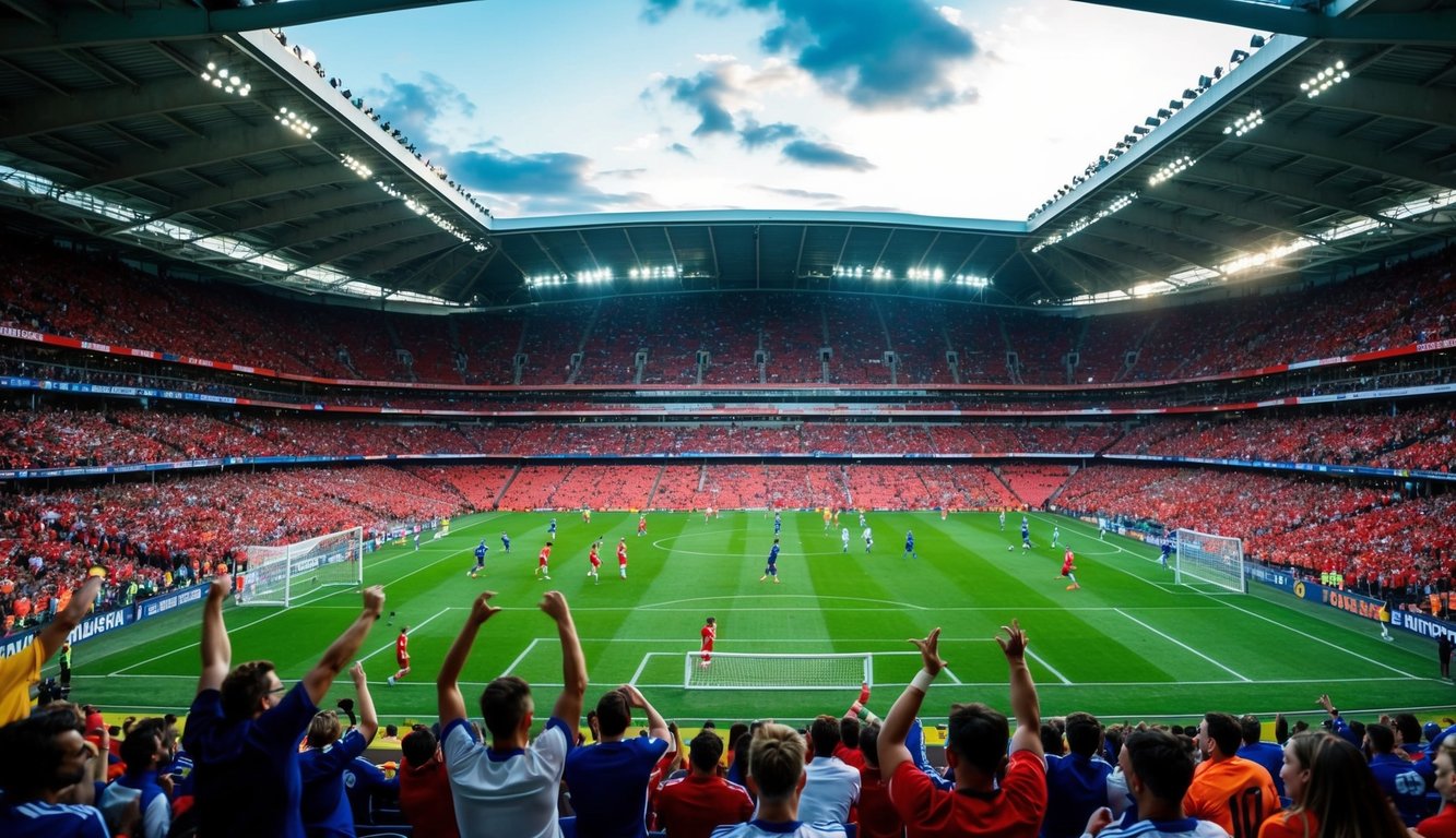 Sebuah stadion sepak bola yang meriah dengan penggemar yang bersorak dan pemain yang beraksi di lapangan