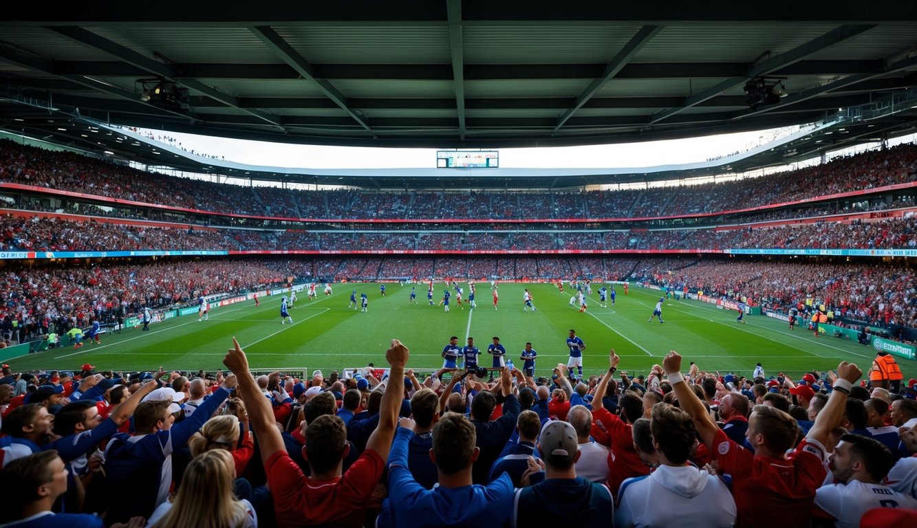 Sebuah stadion olahraga yang ramai dengan penggemar yang bersorak dan pemain yang beraksi