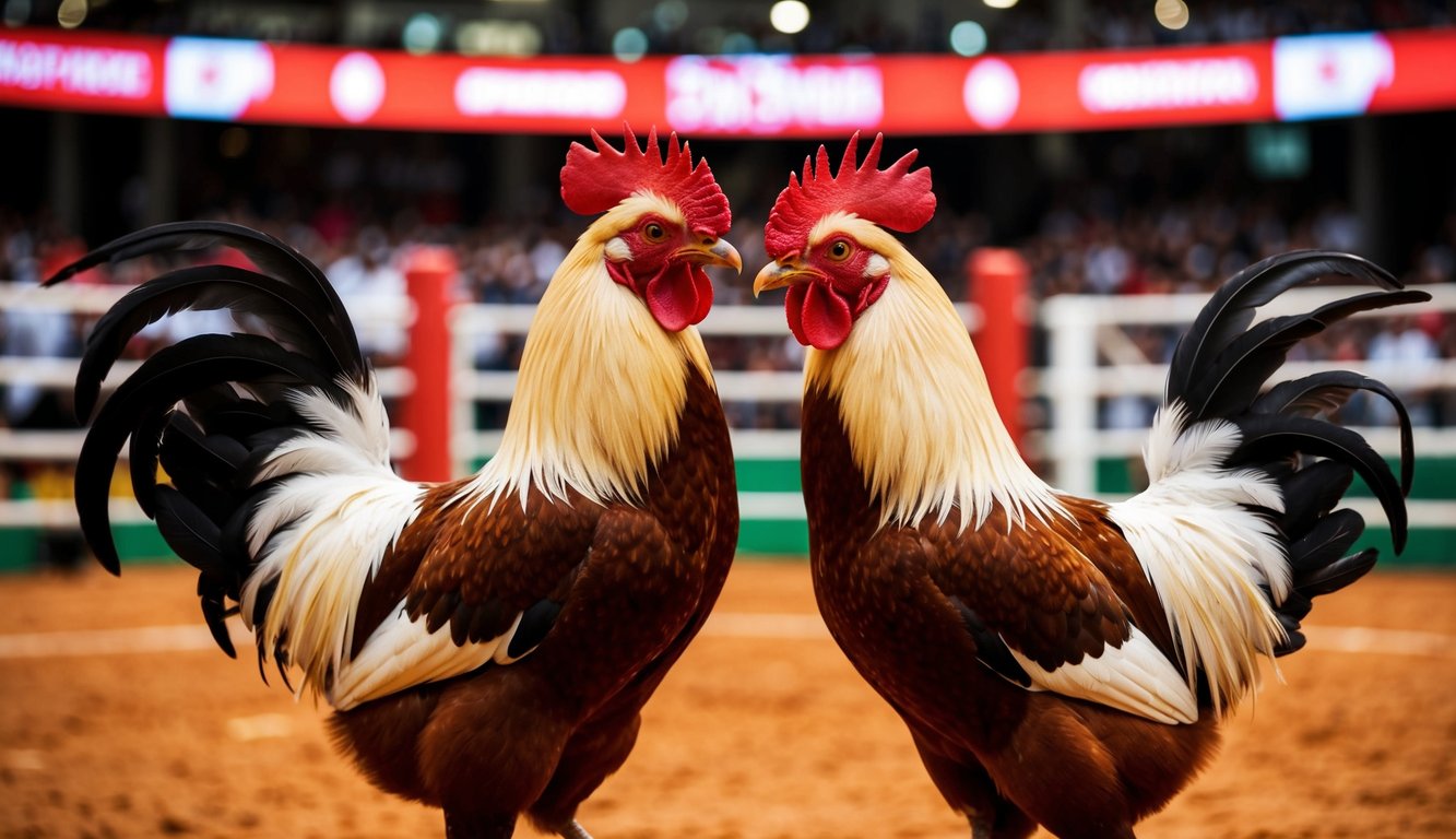 Dua ayam jantan berhadapan di arena sabung ayam yang meriah