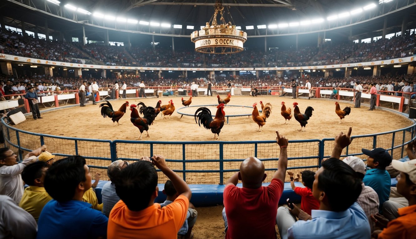 Sebuah arena sabung ayam resmi yang ramai dengan penonton yang bersorak dan ayam jantan yang garang di tengah ring