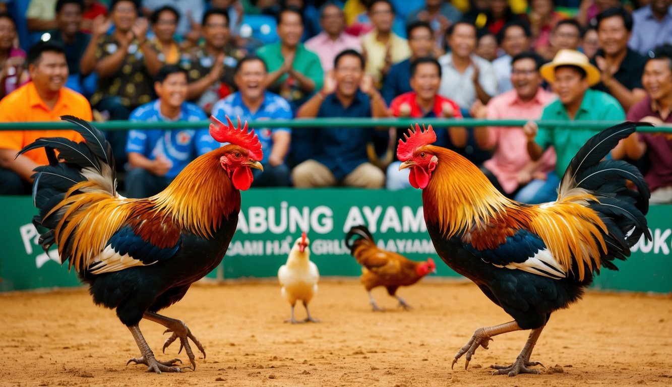 Sebuah arena yang ramai dengan ayam jantan yang bertanding dalam pertandingan sabung ayam yang sengit, dikelilingi oleh penonton yang antusias mendukung ayam kesayangan mereka.