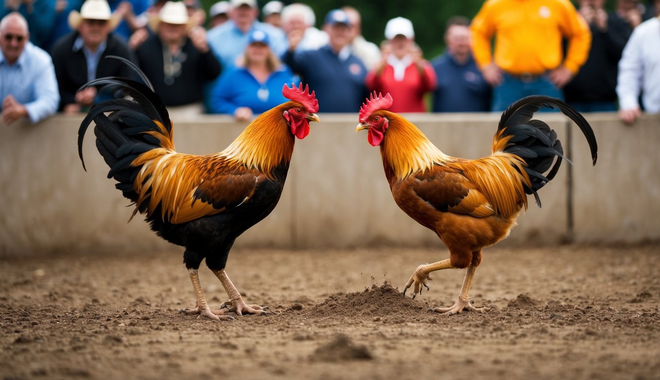 Dua ayam jantan berhadapan di dalam lubang tanah dikelilingi oleh penonton yang bersorak