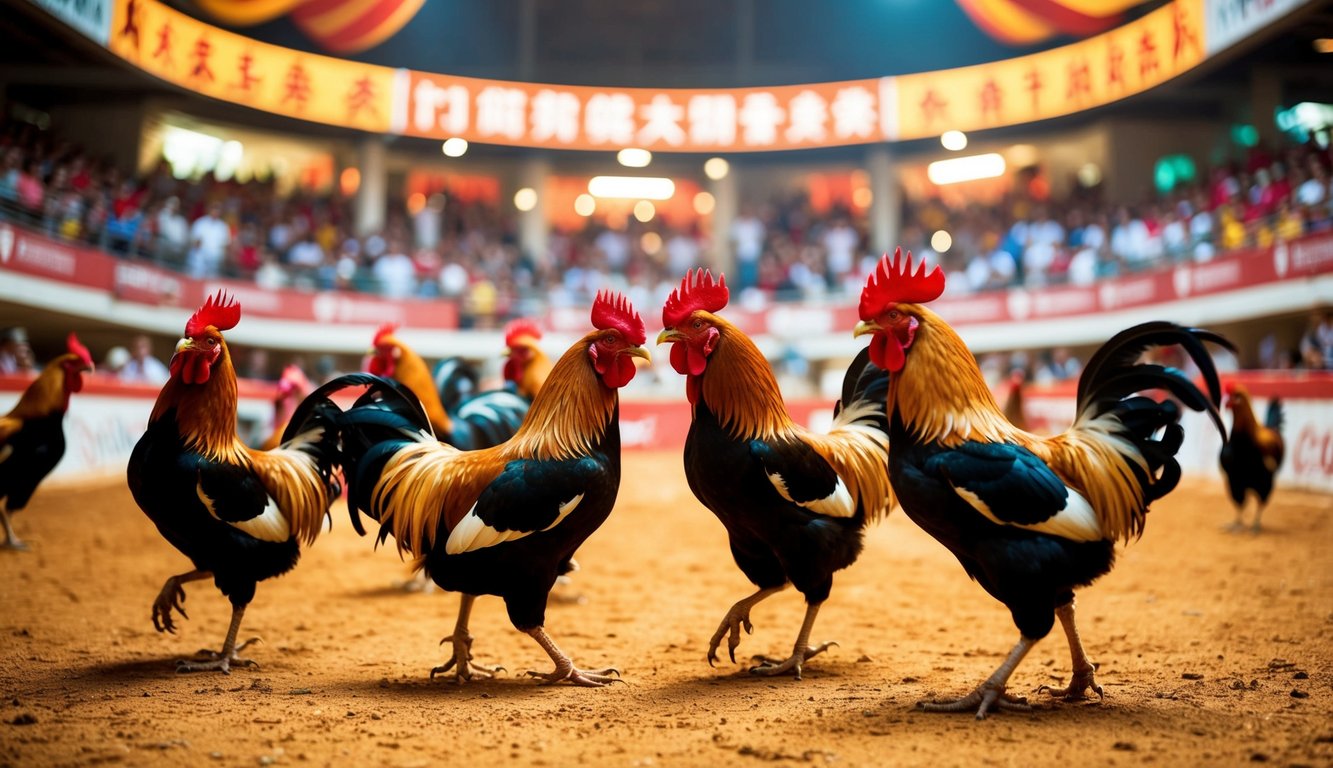 Sebuah arena sabung ayam yang hidup dan ramai dengan penonton yang bersorak serta ayam jantan berwarna-warni di tengah-tengah pertarungan yang intens