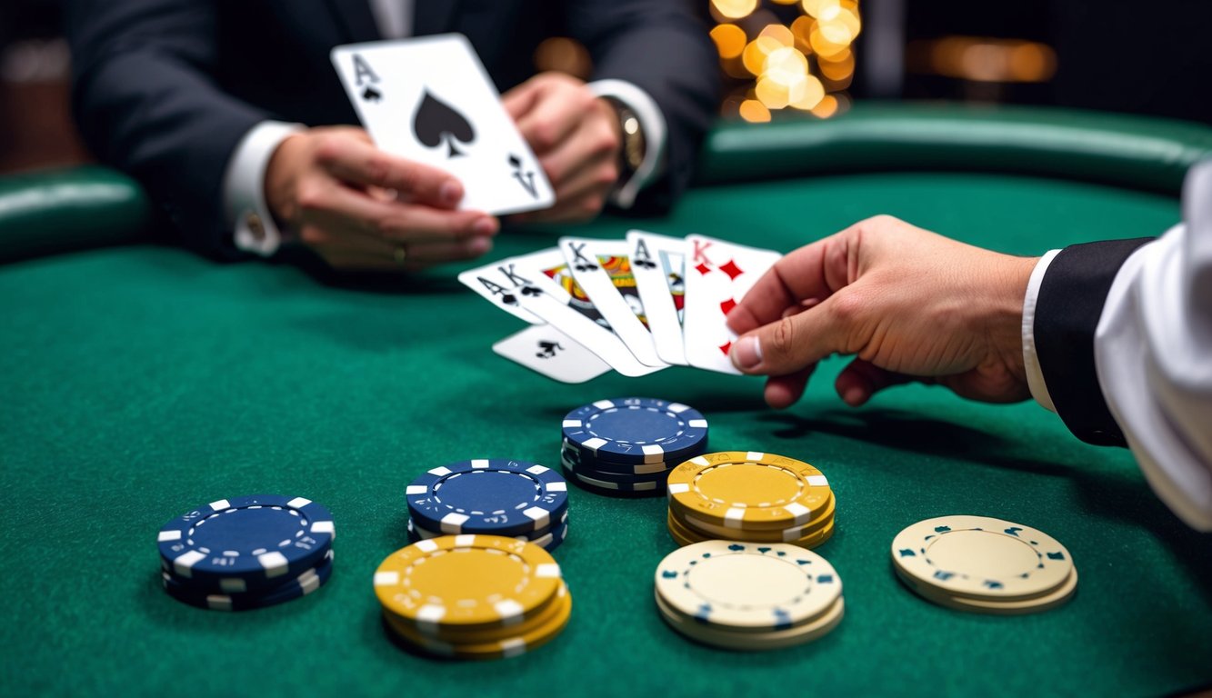 Sekelompok chip poker yang disusun di atas meja felt hijau, dengan kartu yang dibagikan oleh tangan dealer