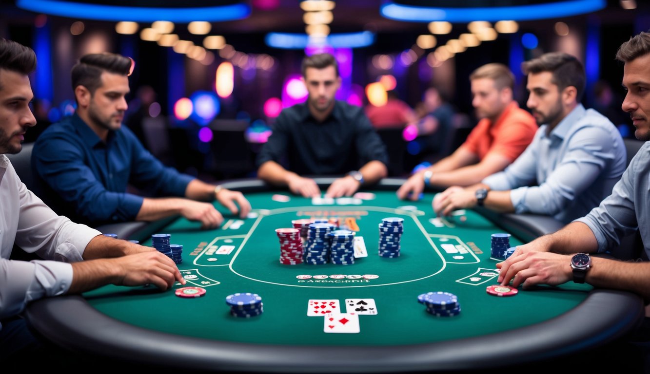 Turnamen poker online yang hidup dengan banyak pemain di meja virtual, dikelilingi oleh kartu dan chip digital, dengan fokus dan semangat yang intens