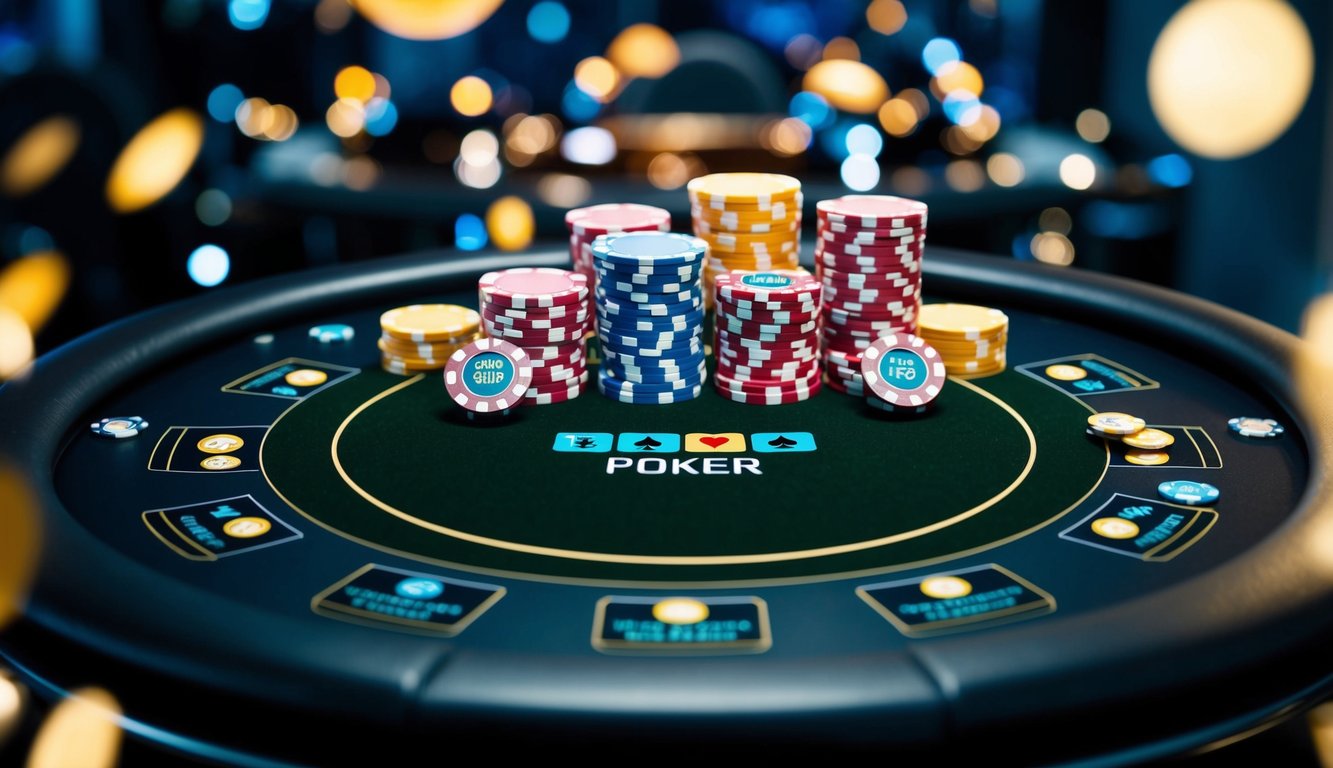 Sebuah meja poker dengan chip dan kartu virtual, dikelilingi oleh antarmuka online yang ramping dan modern, dengan tawaran bonus yang menggoda ditampilkan dengan jelas.