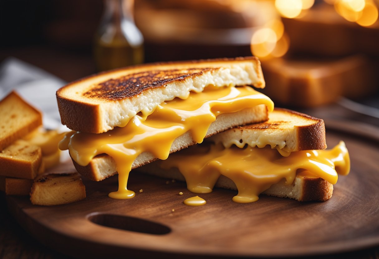 A sizzling grilled cheese sandwich with melted cheese oozing out between two golden-brown slices of bread