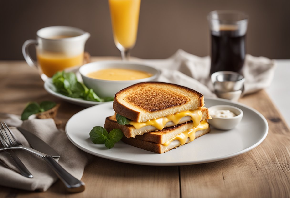 A sizzling grilled cheese sandwich with golden-brown bread and melted cheese, surrounded by customizable ingredients and pairings on a clean, modern tabletop