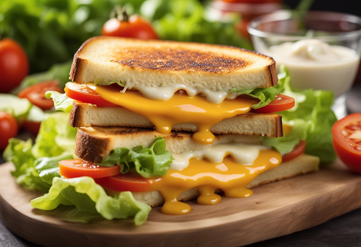 A sizzling grilled cheese sandwich with melted cheese oozing out, surrounded by vibrant, fresh ingredients like tomatoes and lettuce