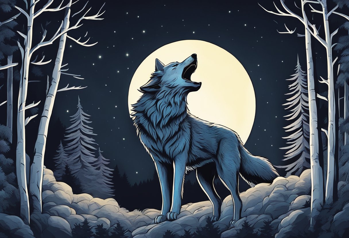 Un loup solitaire hurlant sous le ciel illuminé par la lune dans une forêt dense