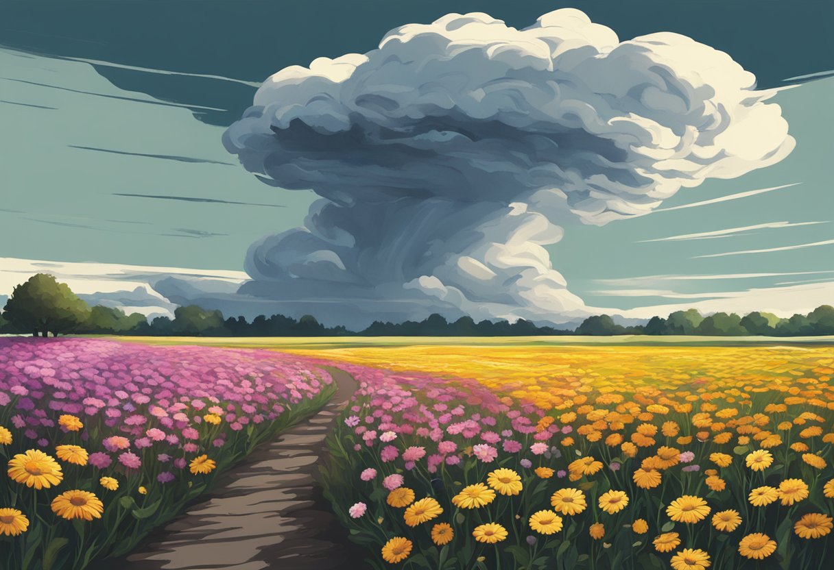 Un nuage d'orage tourbillonnant projetant des ombres sur un champ de fleurs flétries